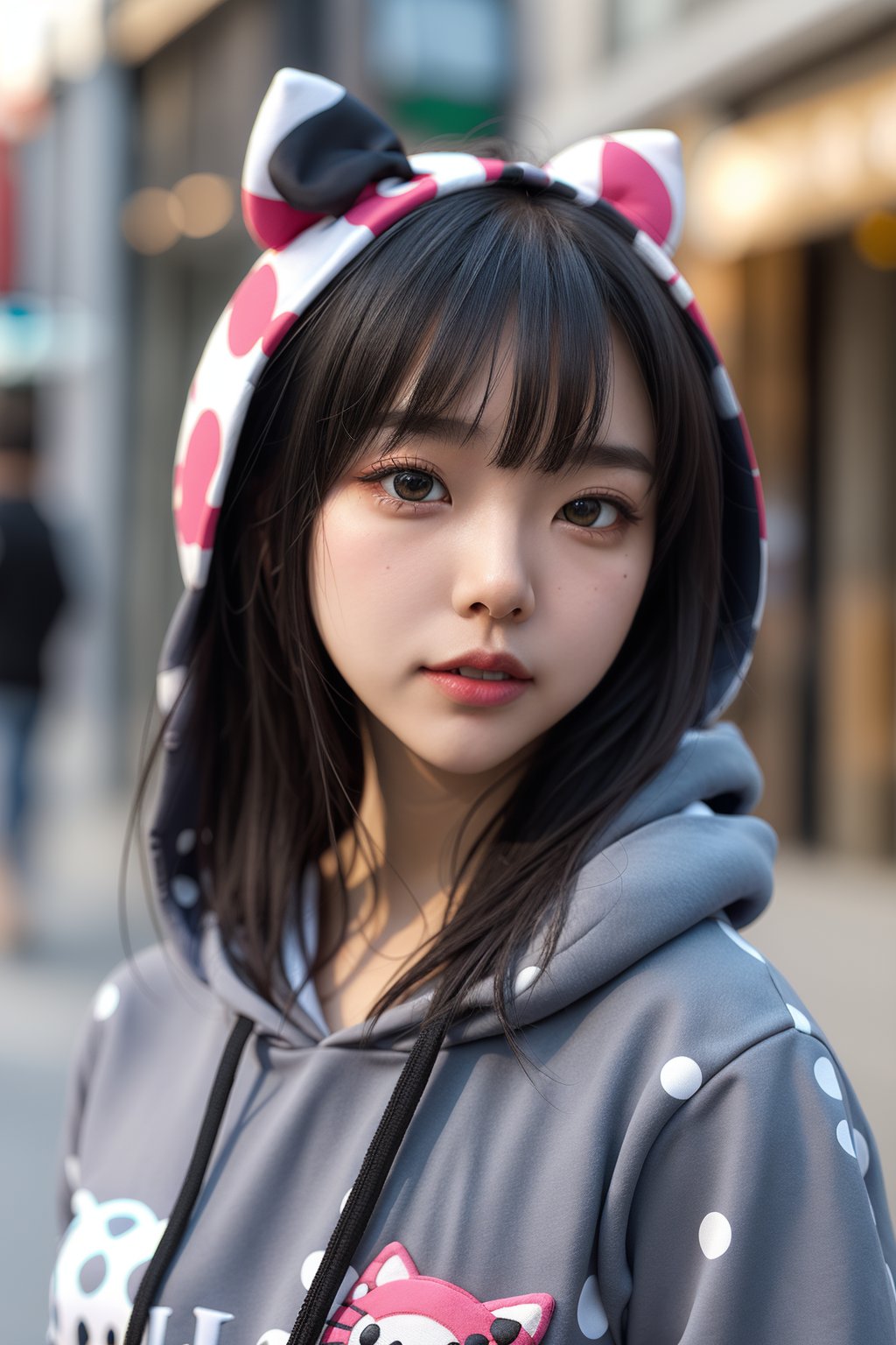 1girl, face, hoodie, crop top, depth of field, polka dot, hello kitty, close-up